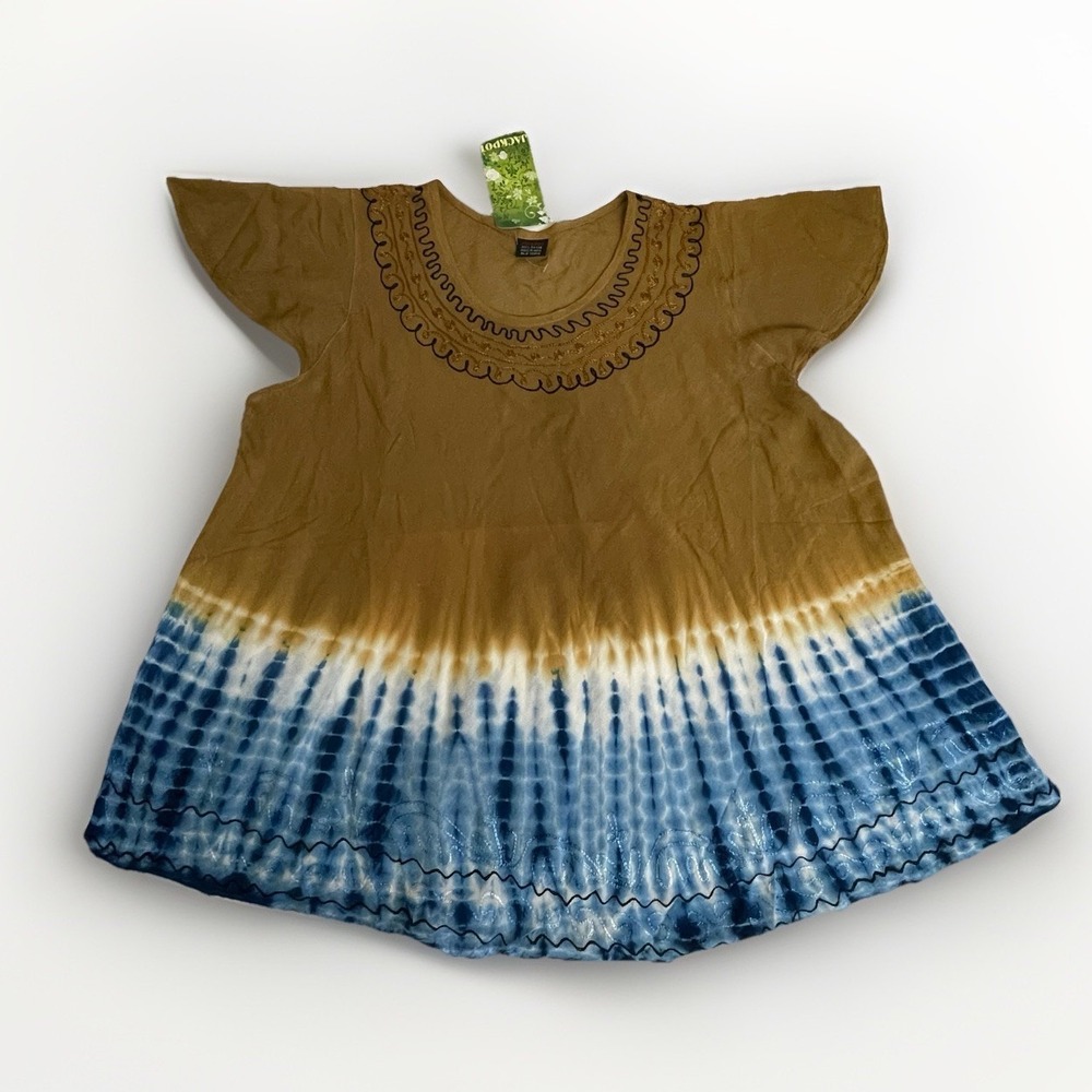 Jackpot Tie Dye Tunic Top Womens One Size Brown Blue Embroidery New